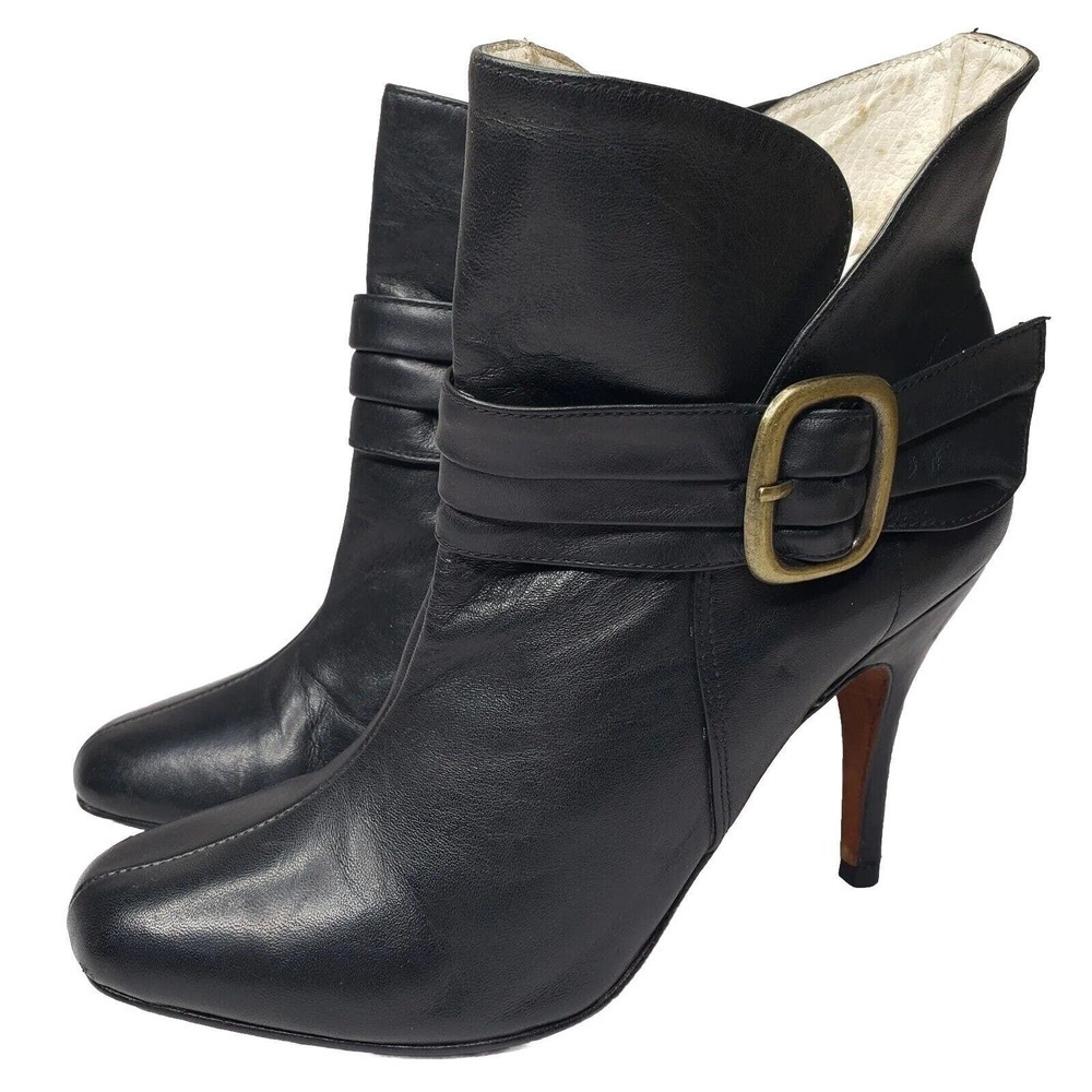 Facade Ankle Boots Womens Size 7 Cameron Black Leather Heeled Slip On Booties